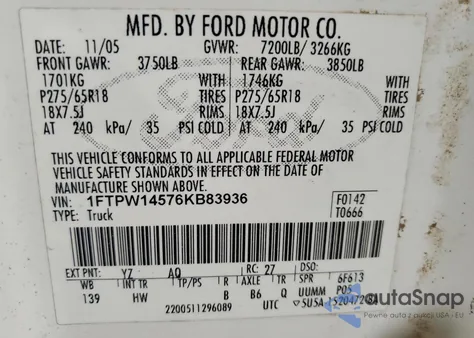 2006 Ford F150 Supercrew z USA, uszkodzony, nr VIN 1FTPW14576KB83936